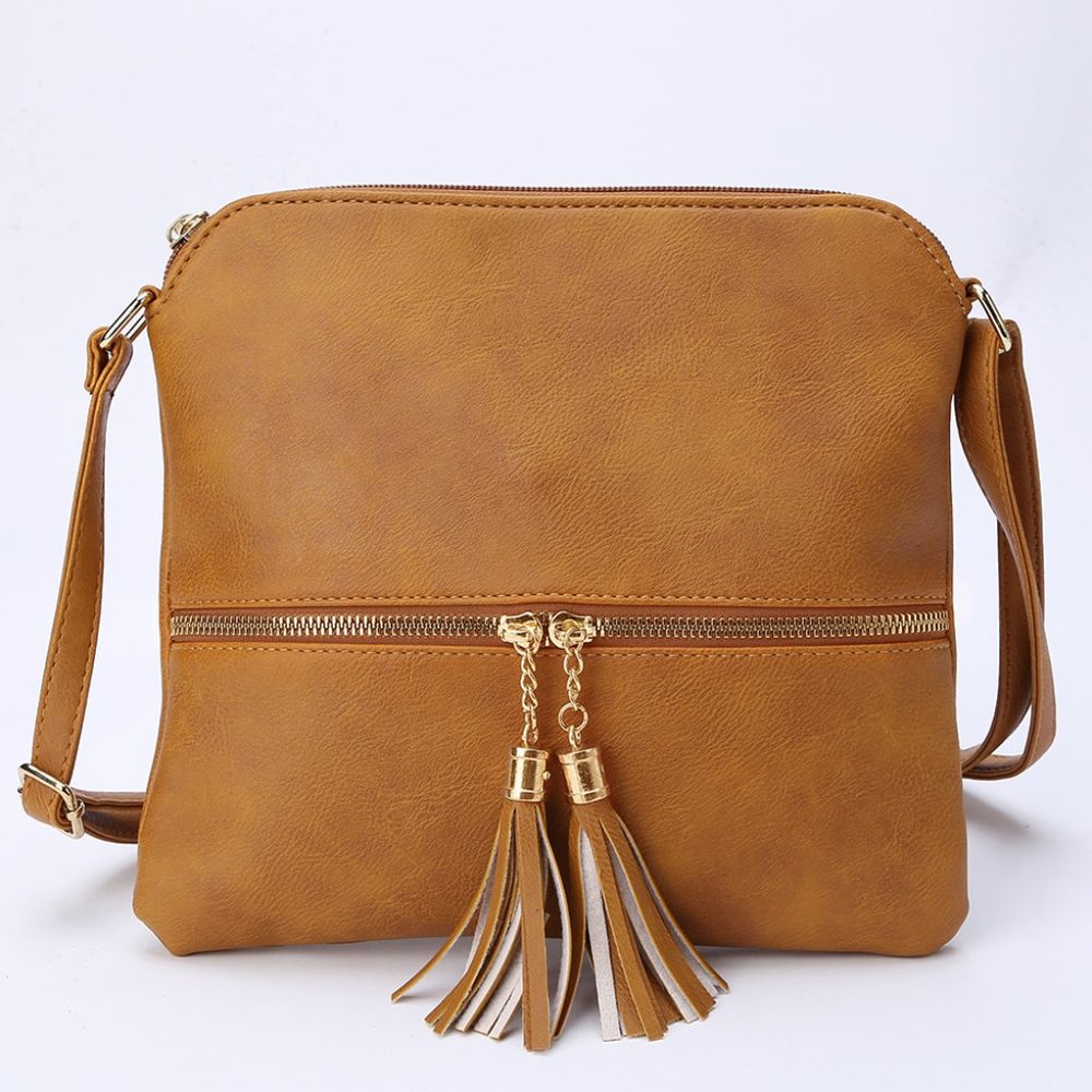 TRENDY TAN CROSSBODY BAG WITH TASSELS